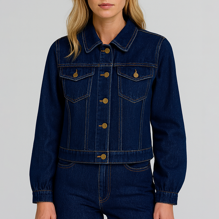 Cropped denim jacket with button front and flap chest pockets