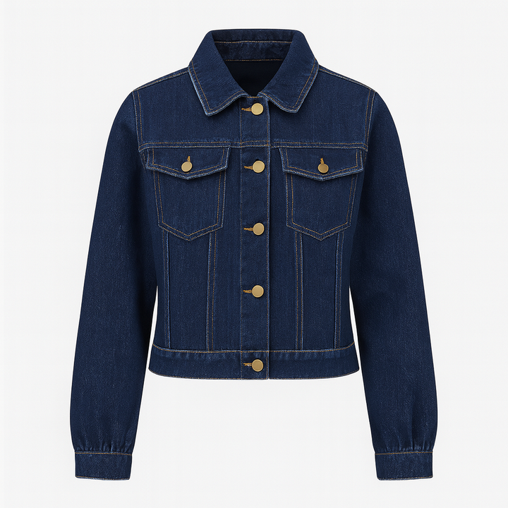 Cropped denim jacket with button front and flap chest pockets