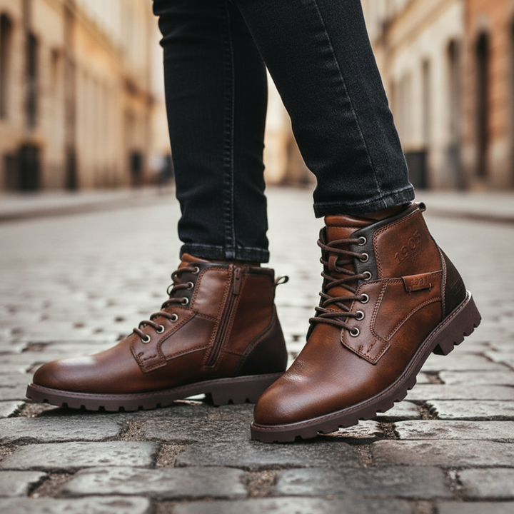 Men's brown leather lace-up boots with a rounded toe, ankle height, and rubber sole, good for casual and elevated styles.