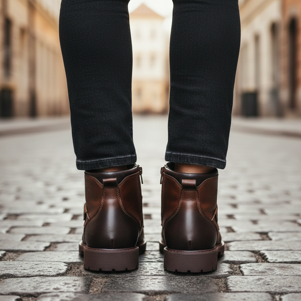 Men's brown leather lace-up boots with a rounded toe, ankle height, and rubber sole, good for casual and elevated styles.