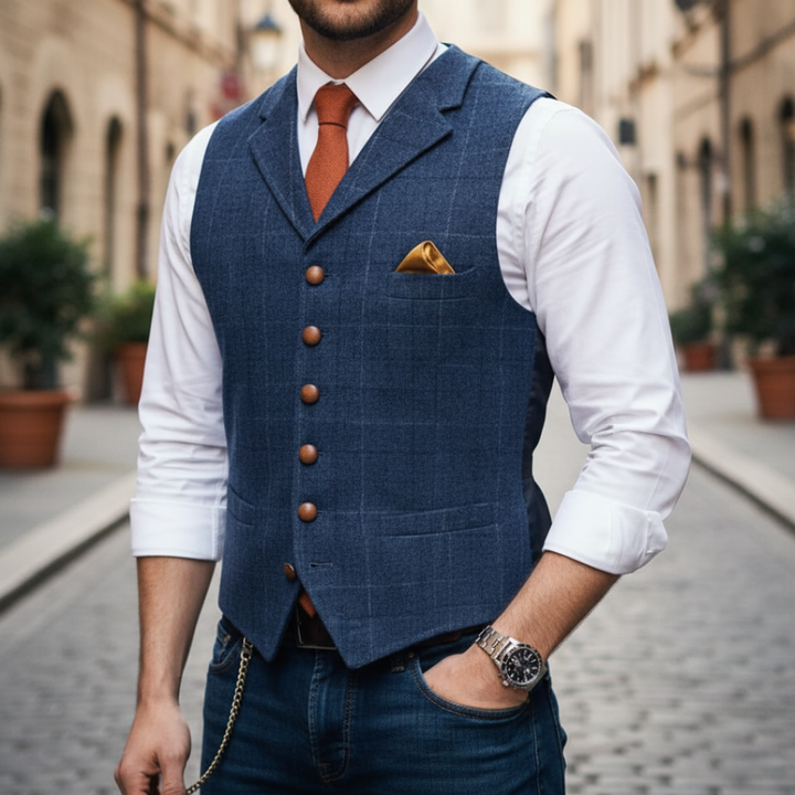A man wearing a blue vest over a white shirt, showcasing a modern tailored look suitable for smart-casual or formal occasions.