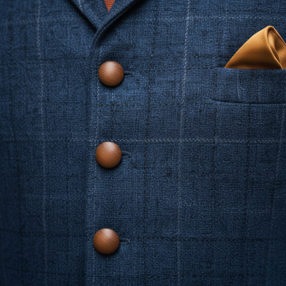 Close up look of a blue vest showcasing a modern tailored look suitable for smart-casual or formal occasions.