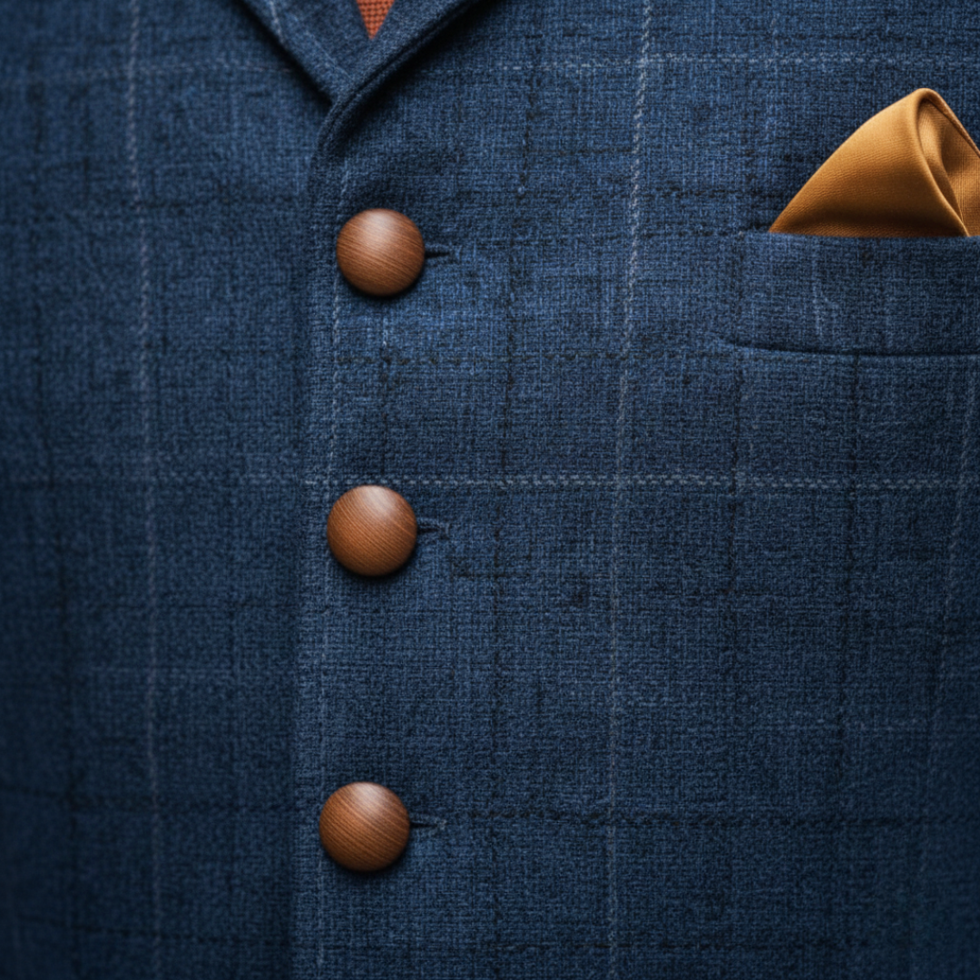 Close up look of a blue vest showcasing a modern tailored look suitable for smart-casual or formal occasions.