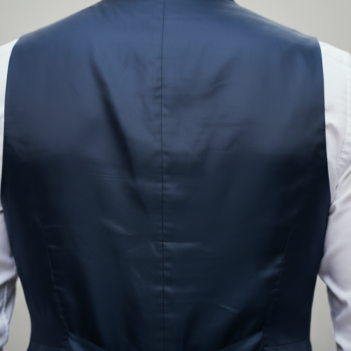 Close up back detailed look of a blue vest showcasing a modern tailored look suitable for smart-casual or formal occasions.