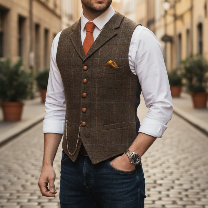A man wearing a dark brown vest over a white shirt, showcasing a modern tailored look suitable for smart-casual or formal occasions.