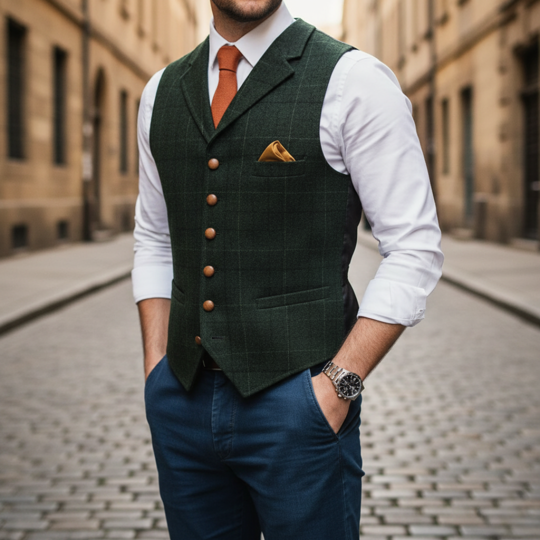 A man wearing a dark green vest over a white shirt, showcasing a modern tailored look suitable for smart-casual or formal occasions.
