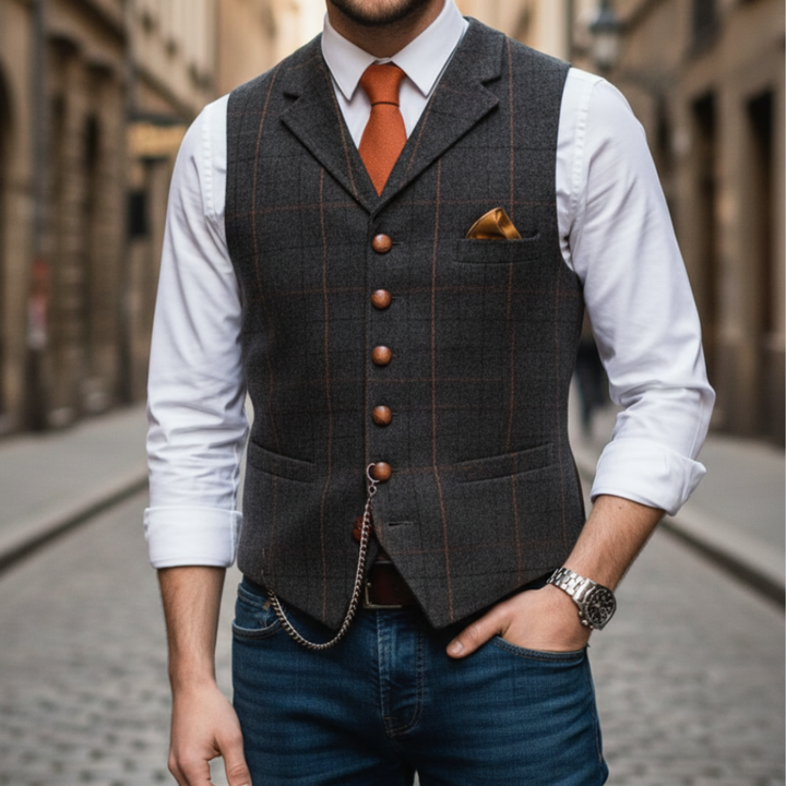 A man wearing a dark grey vest over a white shirt, showcasing a modern tailored look suitable for smart-casual or formal occasions.