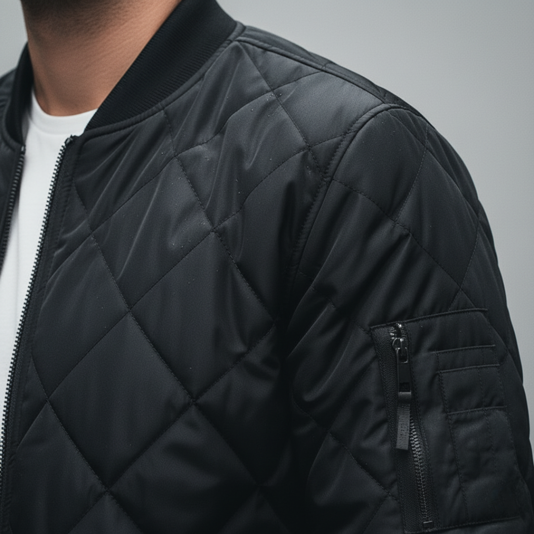 Men's quilted bomber jacket featuring a diamond-stitched finish, zip-front, ribbed neckline in a close-up look. 