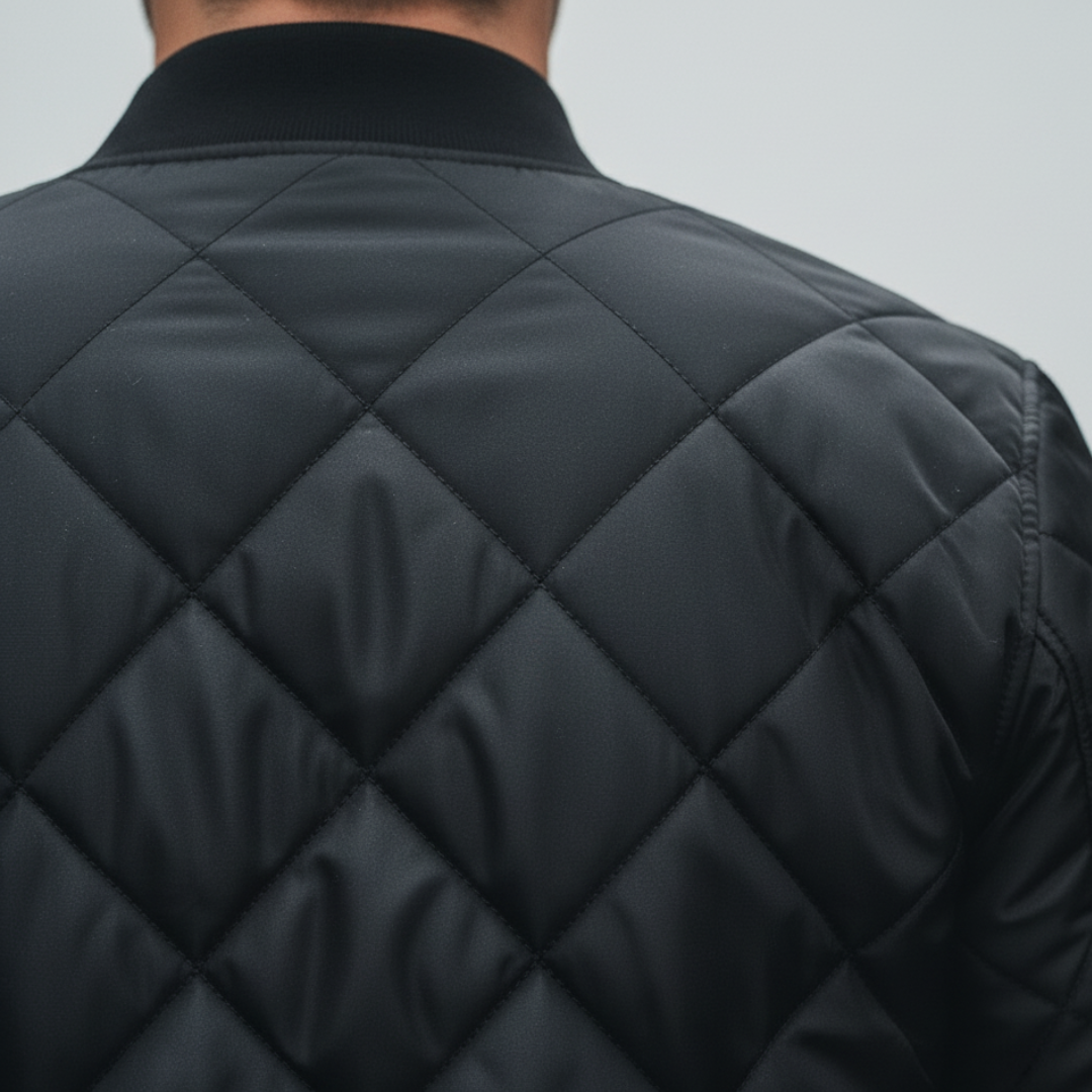 Men's quilted bomber jacket featuring a diamond-stitched finish, zip-front, ribbed neckline in a close-up look. 