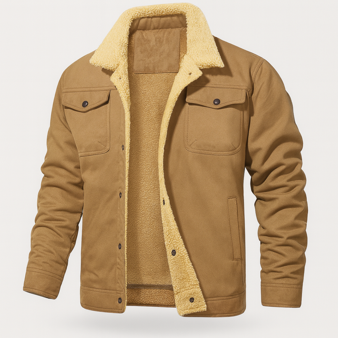 Brown men's jacket with a plush shearling collar, designed for warmth and style in fall and winter.