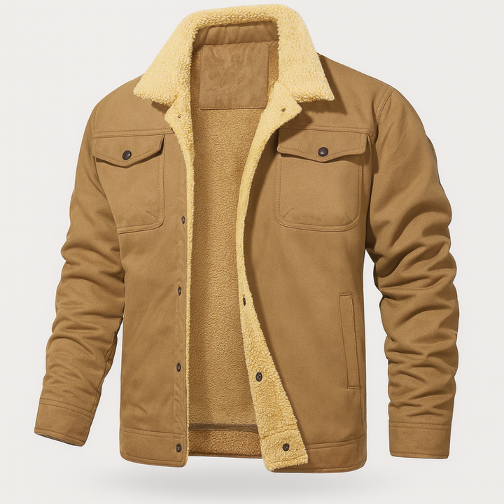 Brown men's jacket with a plush shearling collar, designed for warmth and style in fall and winter.