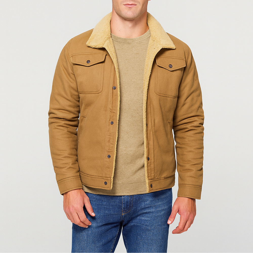 Brown men's jacket with a plush shearling collar, designed for warmth and style in fall and winter.