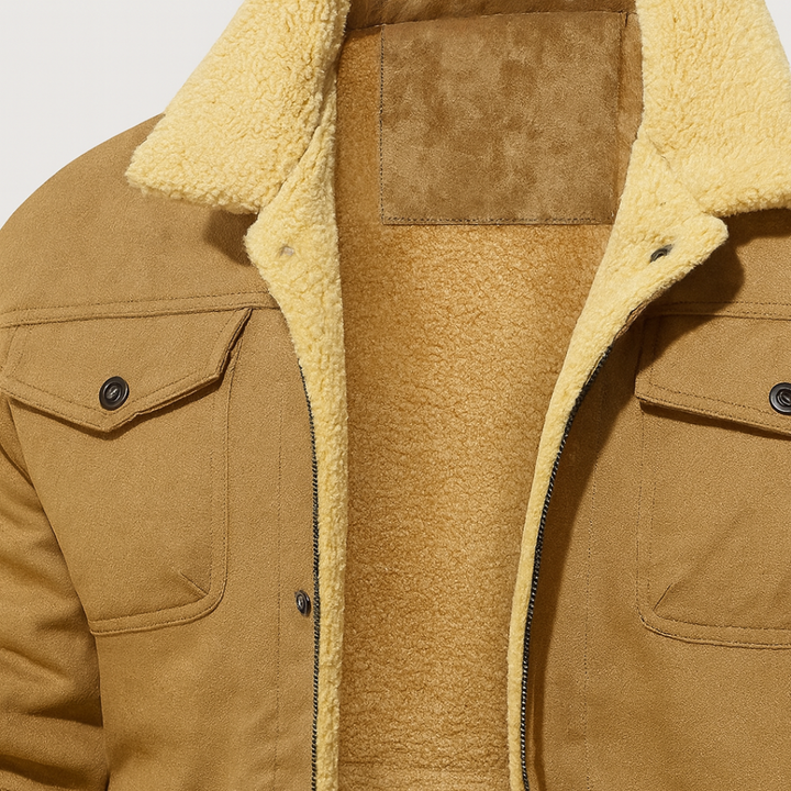 Brown men's jacket with a plush shearling collar, designed for warmth and style in fall and winter.