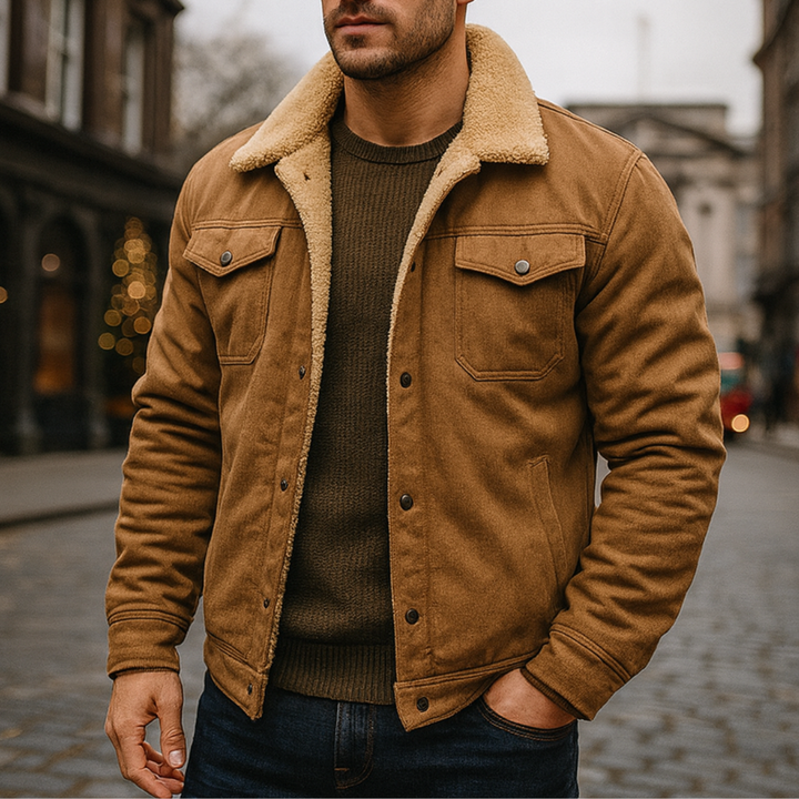 Brown men's jacket with a plush shearling collar, designed for warmth and style in fall and winter.