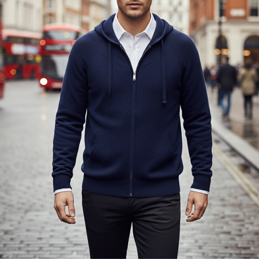 Navy hooded cardigan in ribbed knit, featuring a zip-up front and relaxed fit, ideal for fall and winter layering.