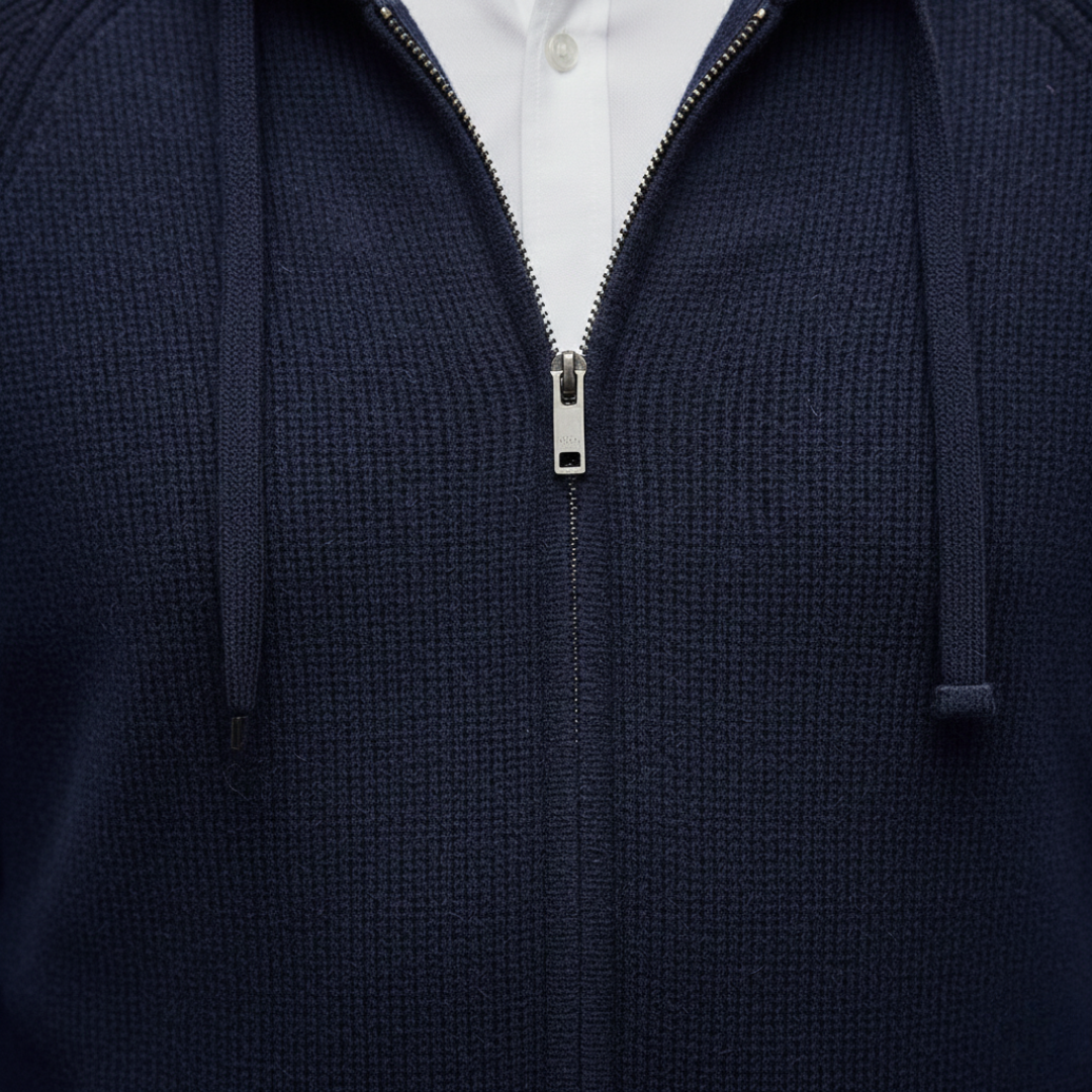 Close-up look of a navy hooded cardigan in ribbed knit, featuring a zip-up front and relaxed fit, ideal for fall and winter layering.
