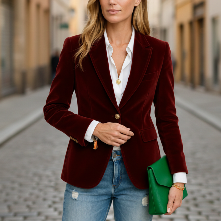 A red velvet blazer with a notched lapel, long sleeves, and a tailored fit, perfect for fall and winter styling.
