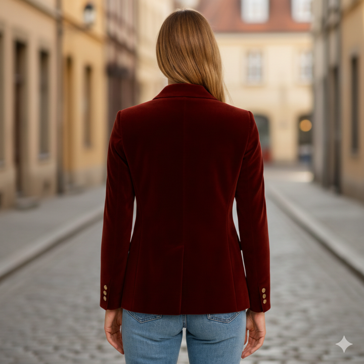 A red velvet blazer with a notched lapel, long sleeves, and a tailored fit, perfect for fall and winter styling.