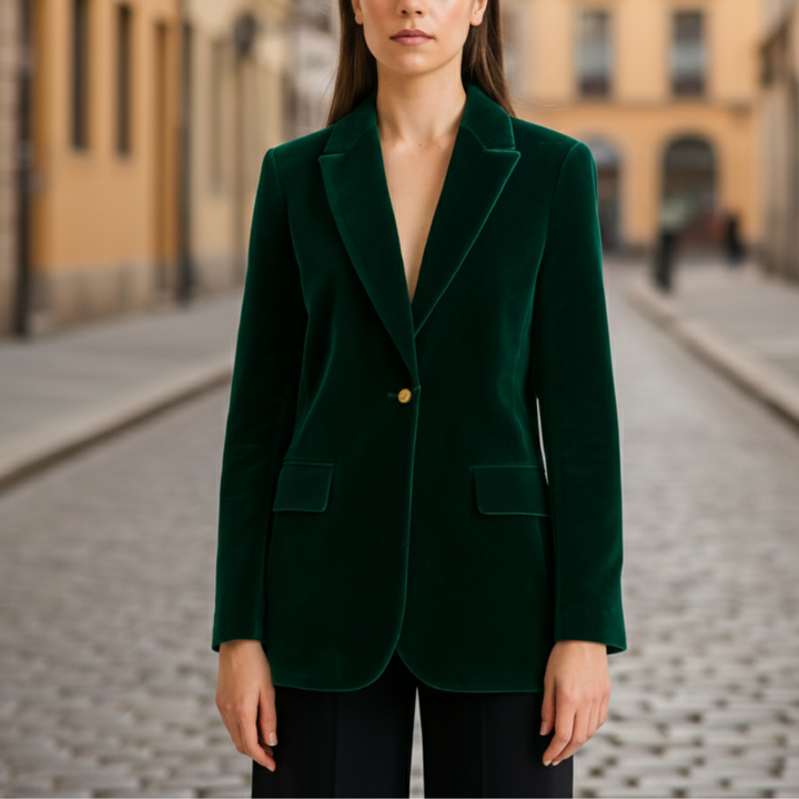A green velvet blazer with a notched lapel, long sleeves, and a tailored fit, perfect for fall and winter styling.