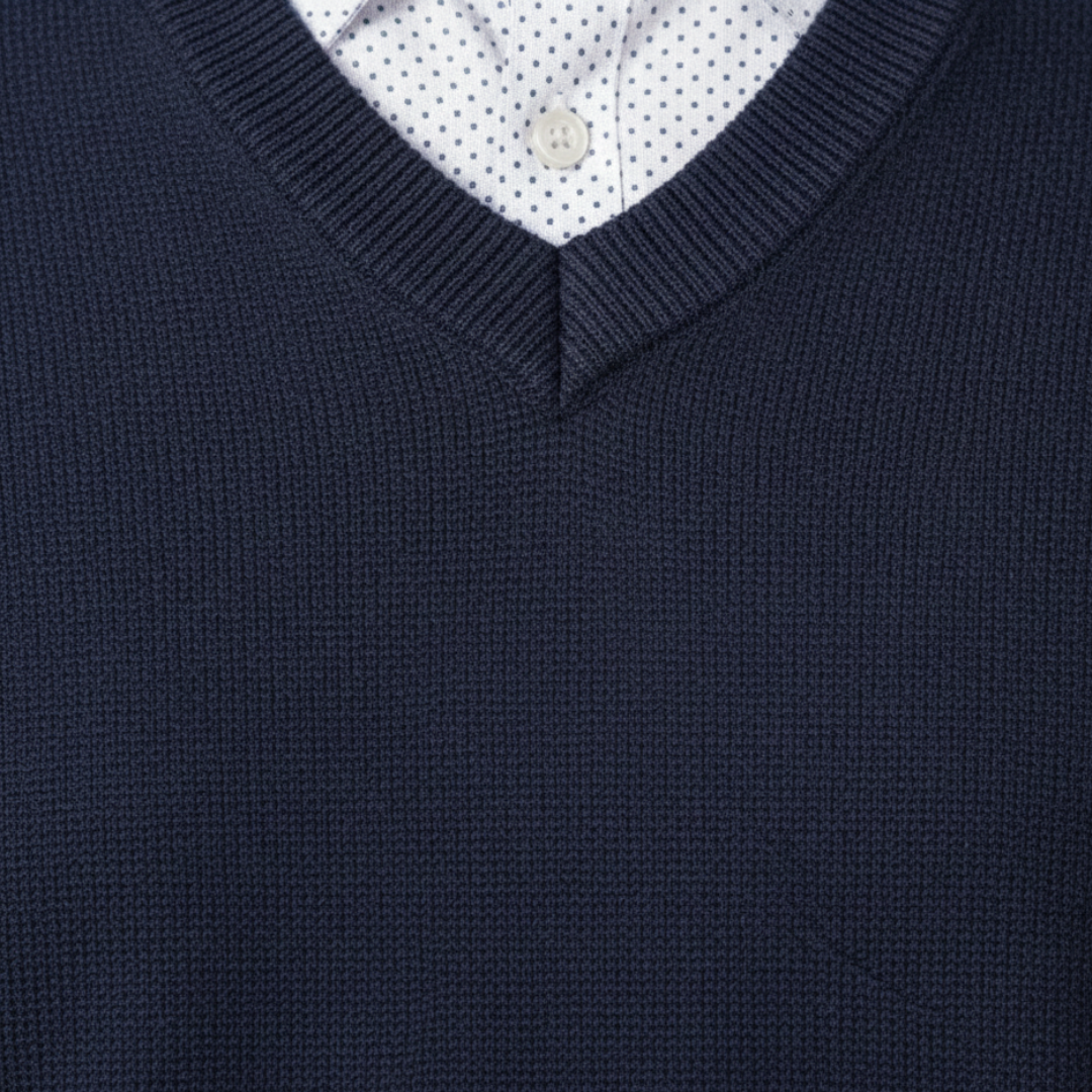 A man dressed in a navy V-neck sweater, highlighting a regular fit and fine knit texture for layering.