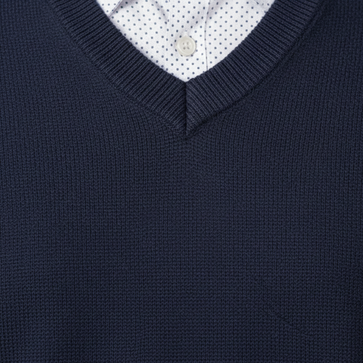 A man dressed in a navy V-neck sweater, highlighting a regular fit and fine knit texture for layering.