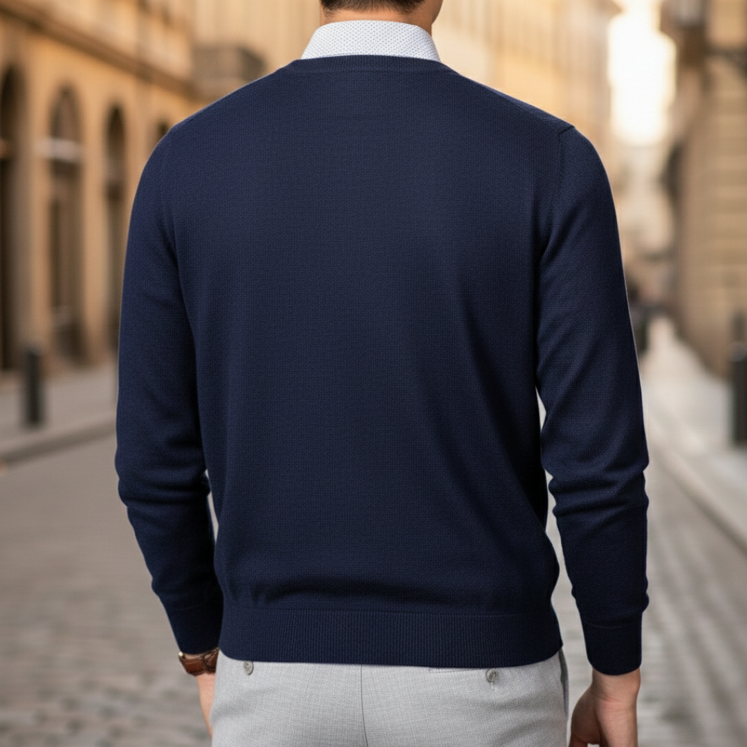 A man dressed in a navy V-neck sweater, highlighting a regular fit and fine knit texture for layering.