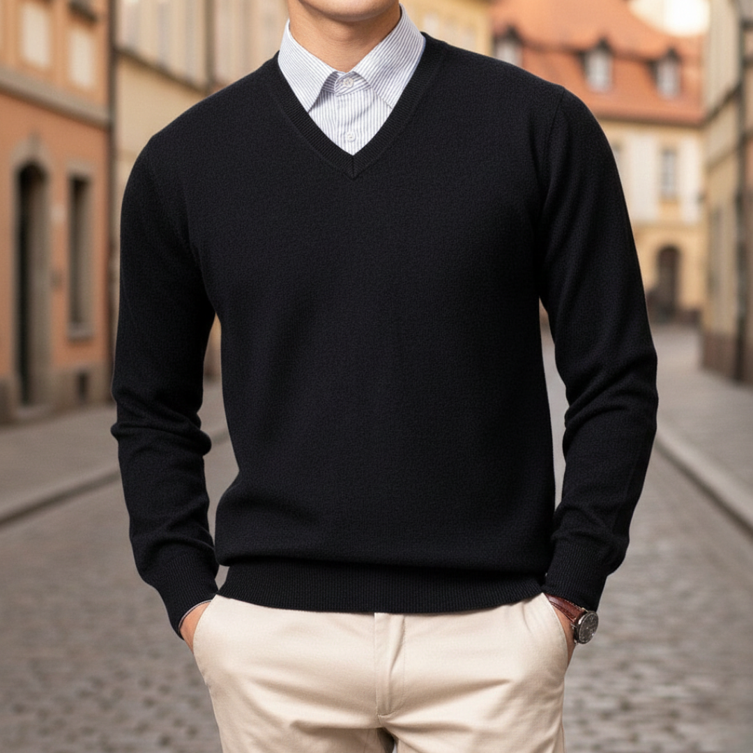 A man dressed in a black V-neck sweater, highlighting a regular fit and fine knit texture for layering.