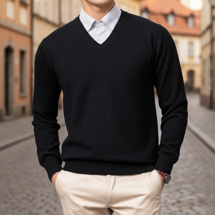A man dressed in a black V-neck sweater, highlighting a regular fit and fine knit texture for layering.