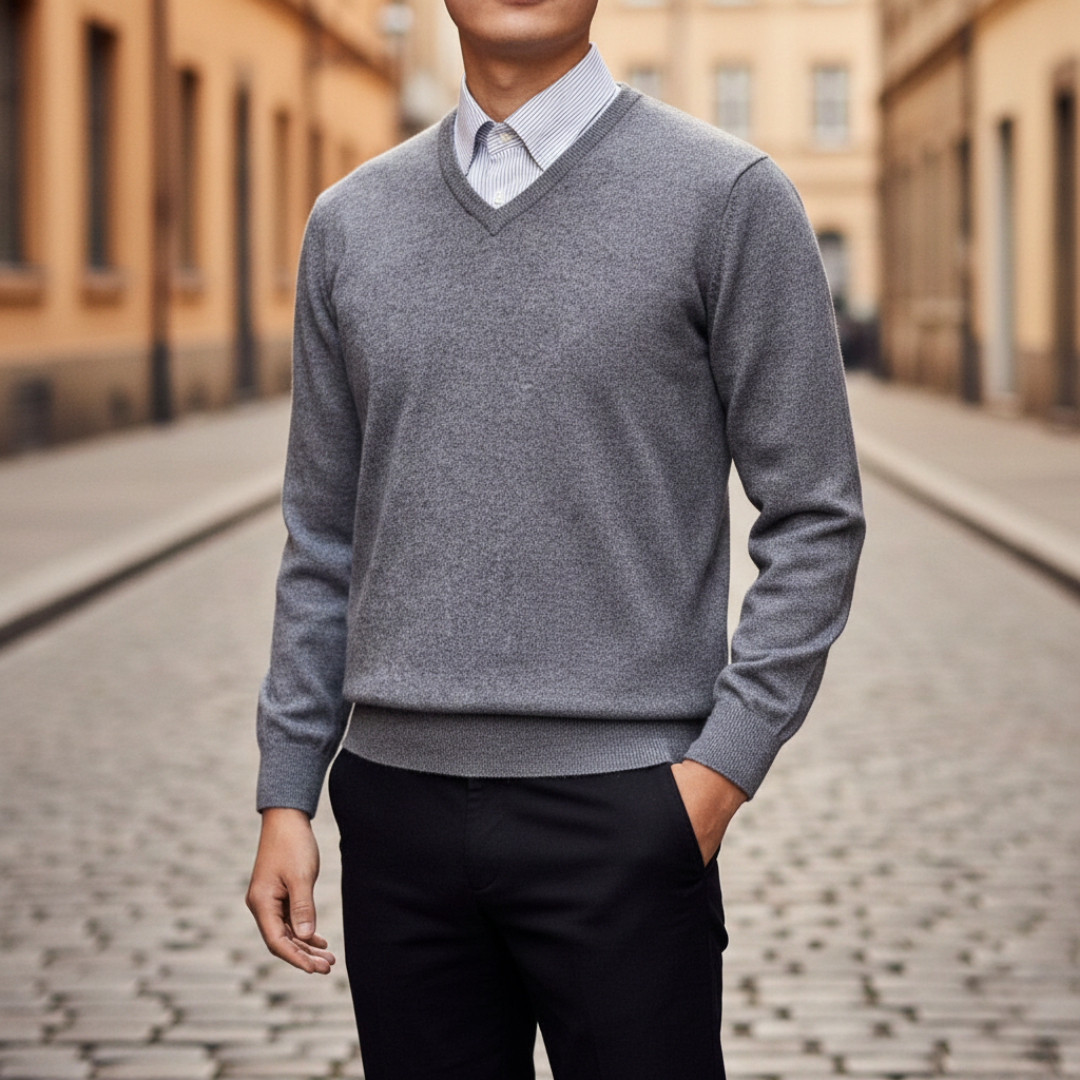 A man dressed in a grey V-neck sweater, highlighting a regular fit and fine knit texture for layering.