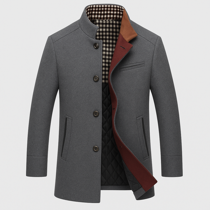 Gray coat with plaid lining on a light gray background