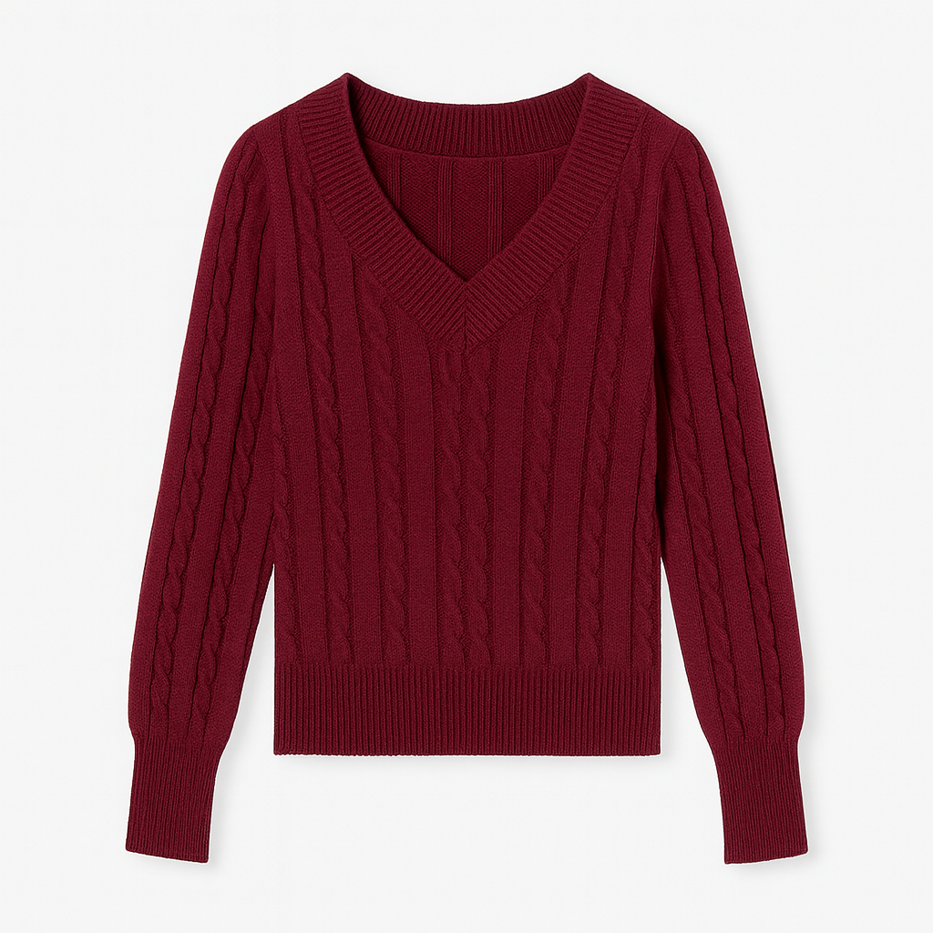 V-neck jumper with a cable knit design, ribbed cuffs, and hem.