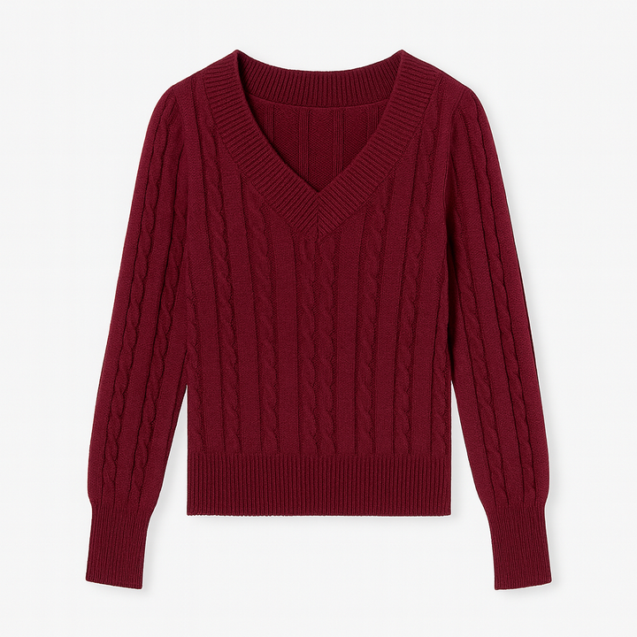 V-neck jumper with a cable knit design, ribbed cuffs, and hem.