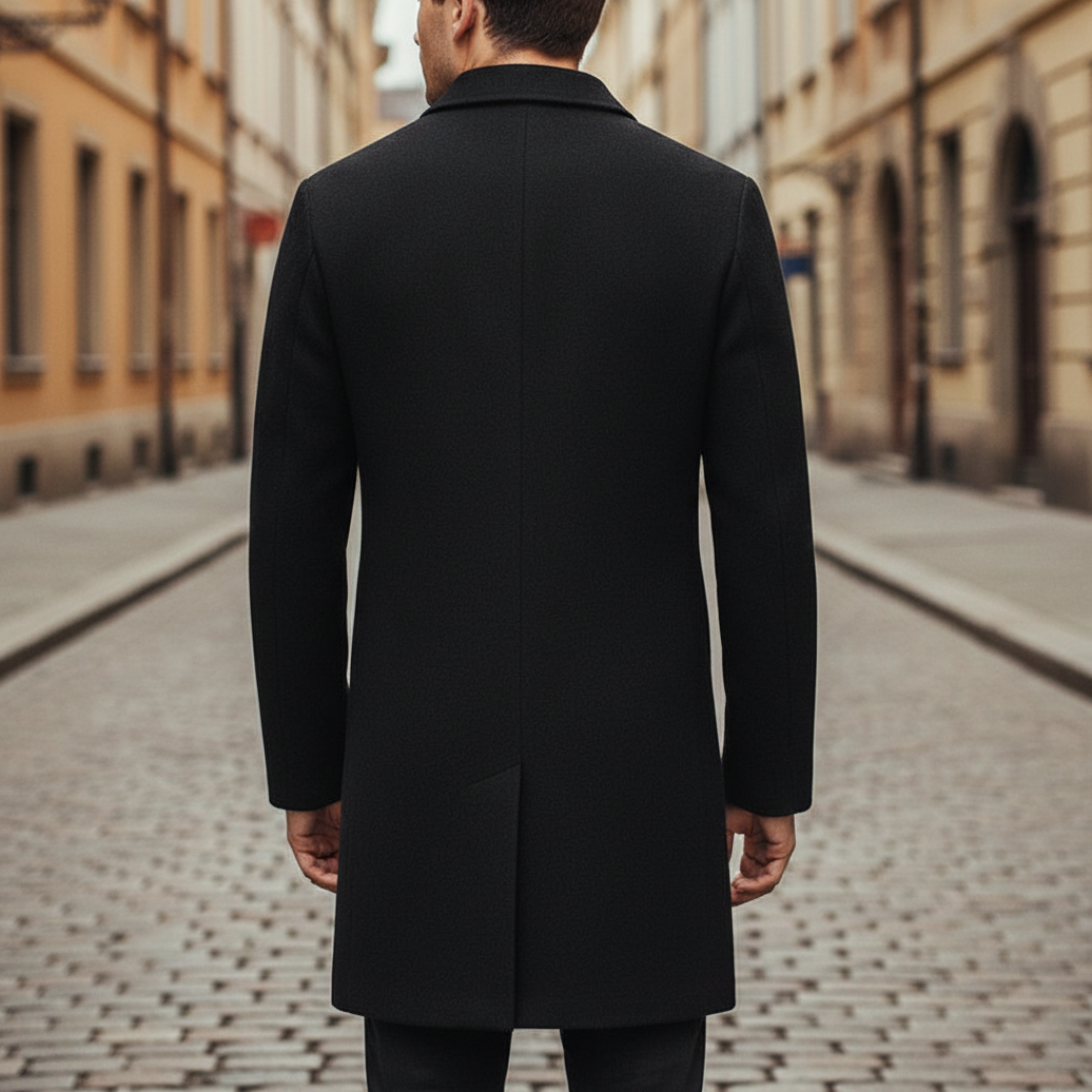 A man in a stylish coat layered over a turtleneck sweater, reflecting a timeless fashion choice.