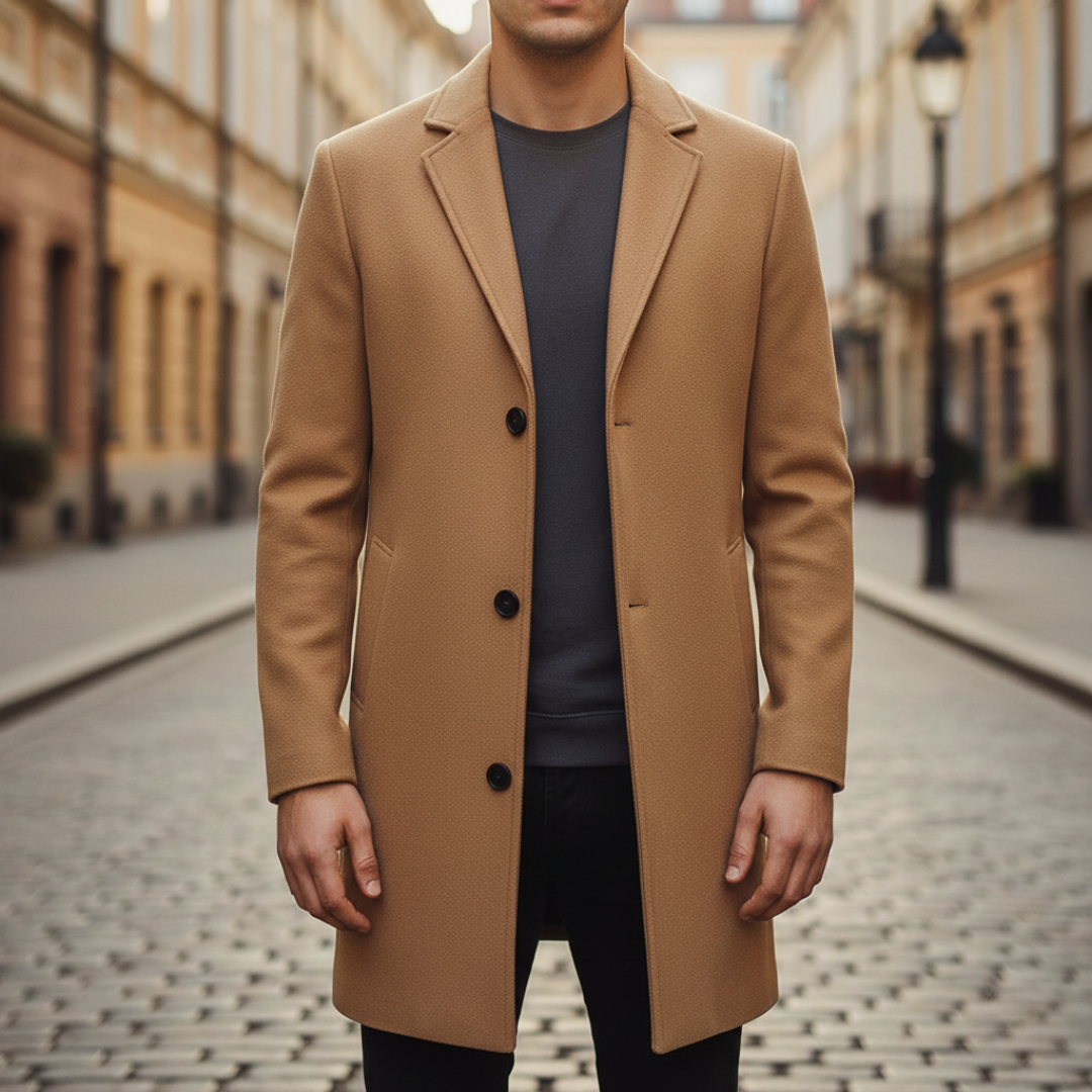 A man in a stylish coat layered over a turtleneck sweater, reflecting a timeless fashion choice.
