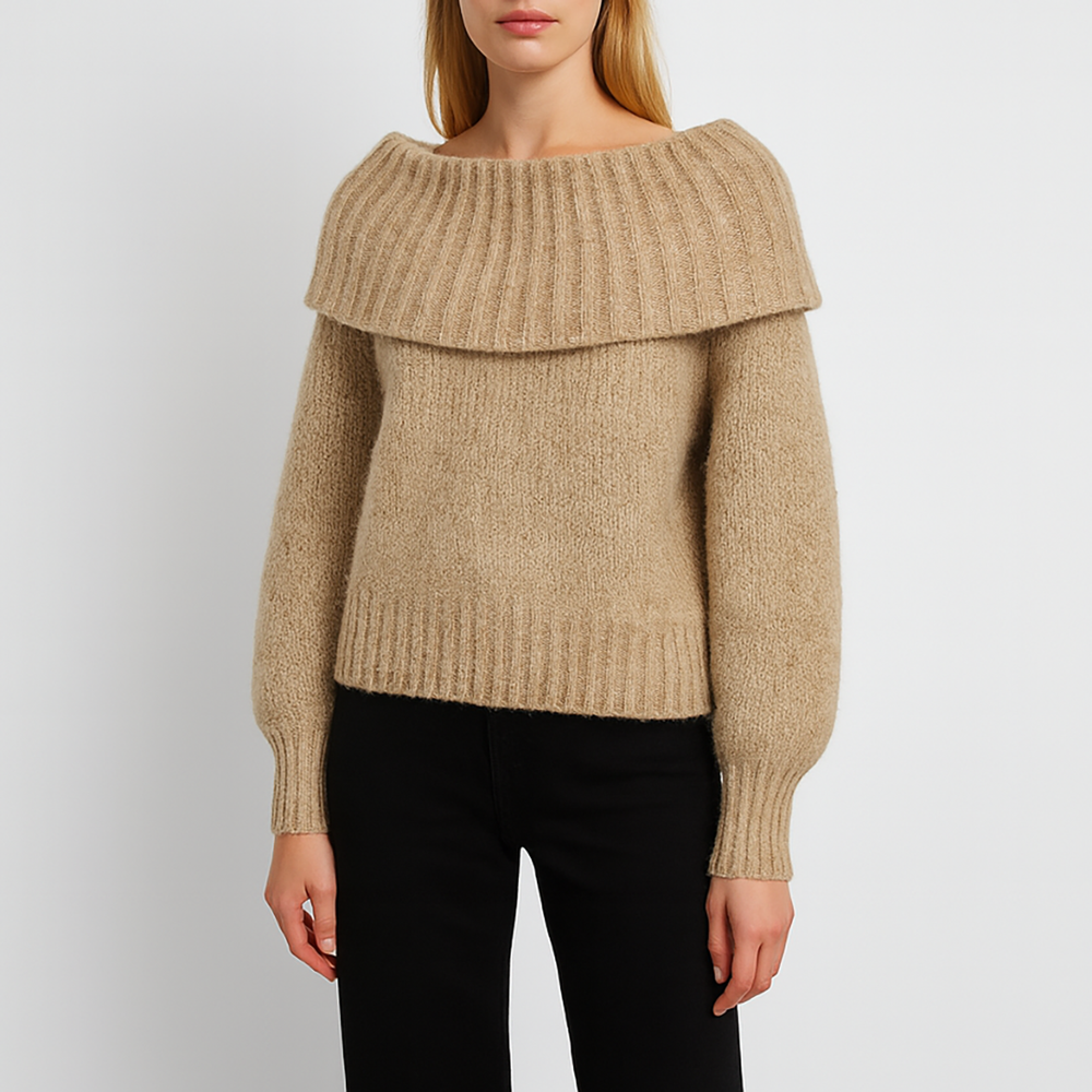 Off-the-shoulder knitted jumper with a wide ribbed neckline, long sleeves, and a relaxed fit.