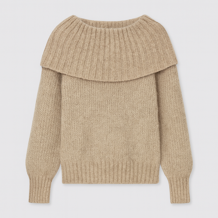 Off-the-shoulder knitted jumper with a wide ribbed neckline, long sleeves, and a relaxed fit.