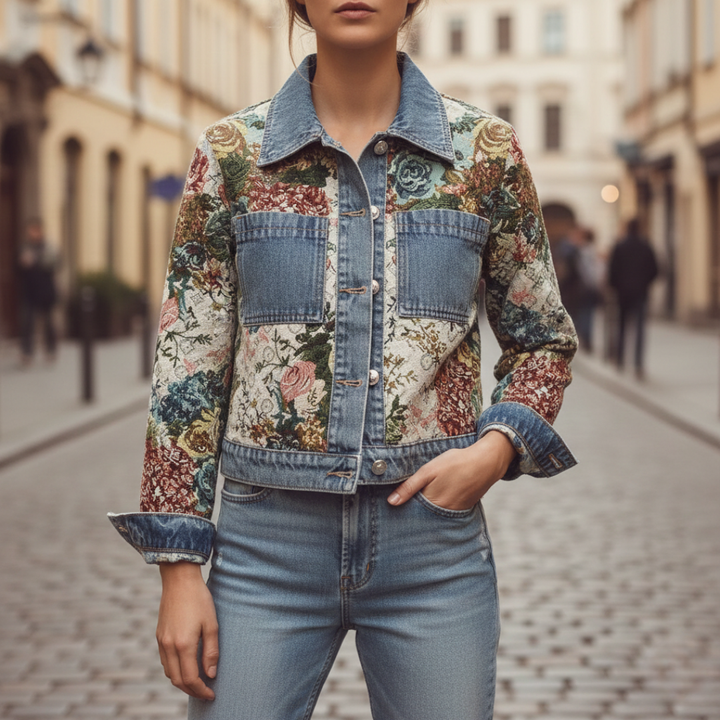 Floral print women's denim jacket with a relaxed fit, turn-down collar, and long sleeves, good for transitional seasons.