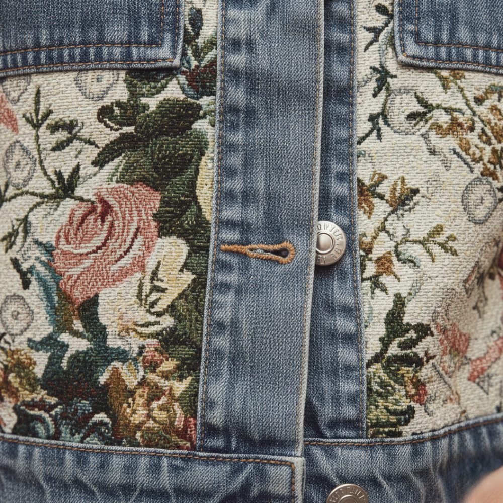 Floral print women's denim jacket with a relaxed fit, turn-down collar, and long sleeves, good for transitional seasons.