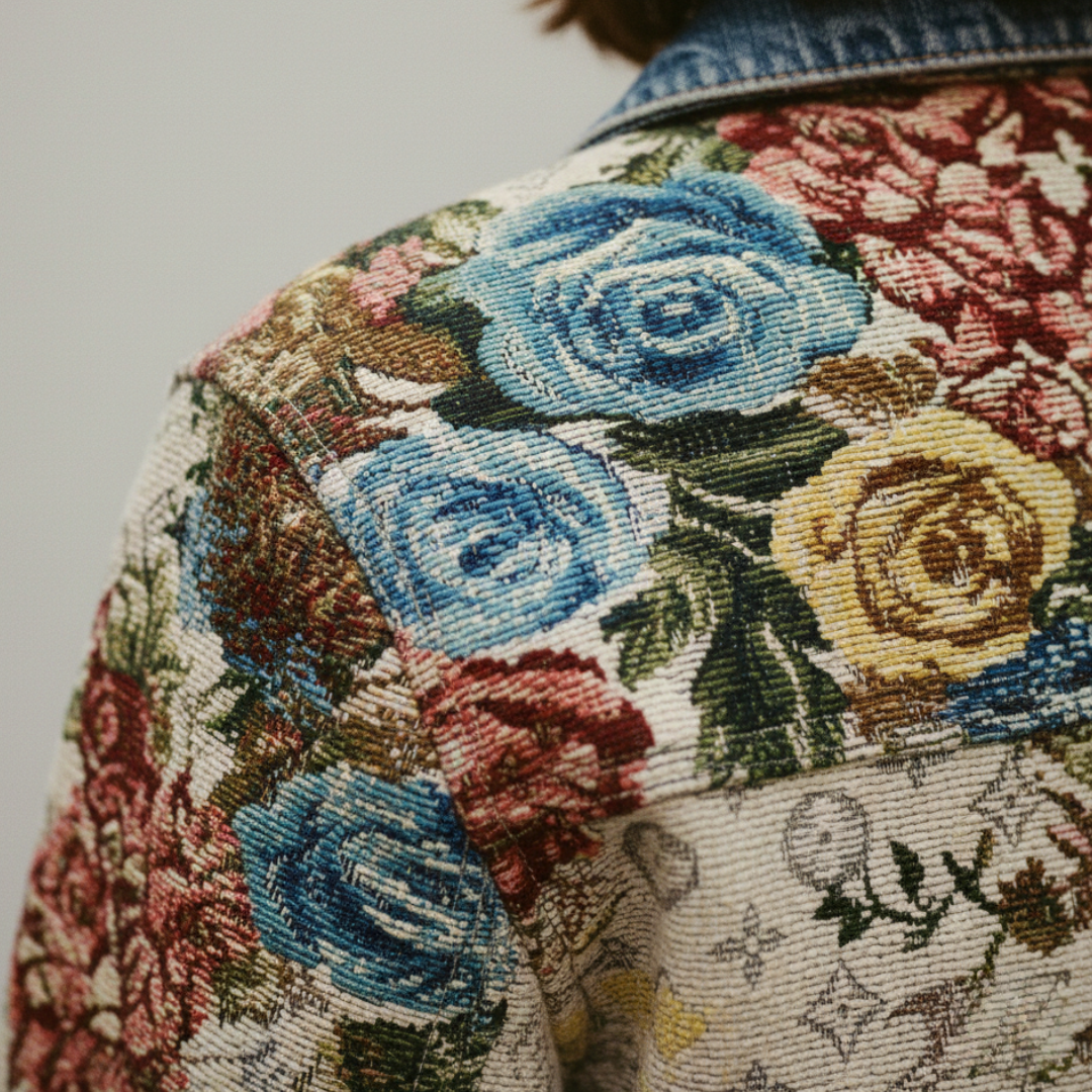 Floral print women's denim jacket with a relaxed fit, turn-down collar, and long sleeves, good for transitional seasons.