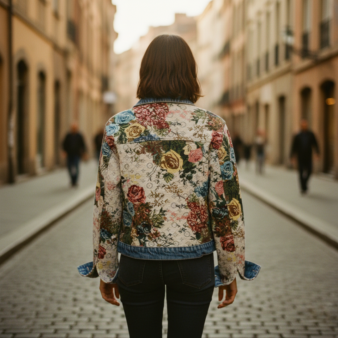 Floral print women's denim jacket with a relaxed fit, turn-down collar, and long sleeves, good for transitional seasons.