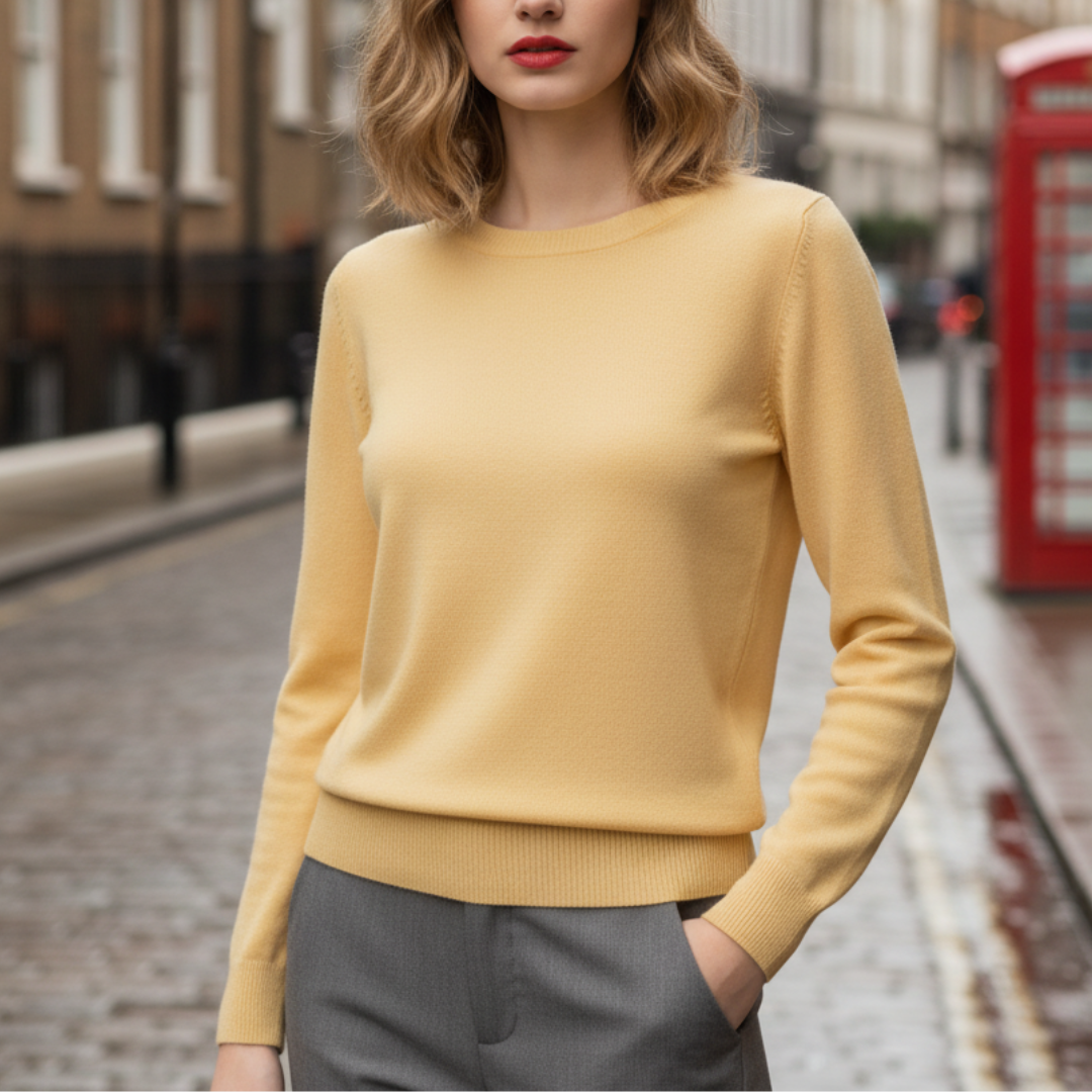 Yellow Liora Classic Knit Sweater with long sleeves, crew neckline, and a polished, a good fit for fall and spring.