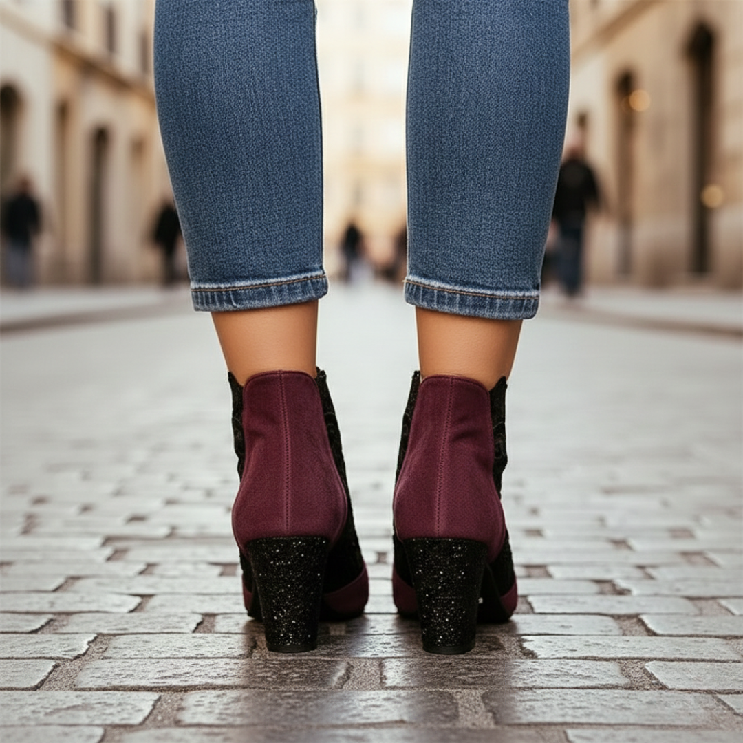Women's red suede ankle boots with lace detailing, zip closure, and block heel, perfect for fall and spring styling.