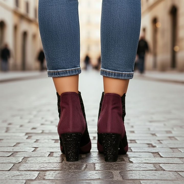 Women's red suede ankle boots with lace detailing, zip closure, and block heel, perfect for fall and spring styling.