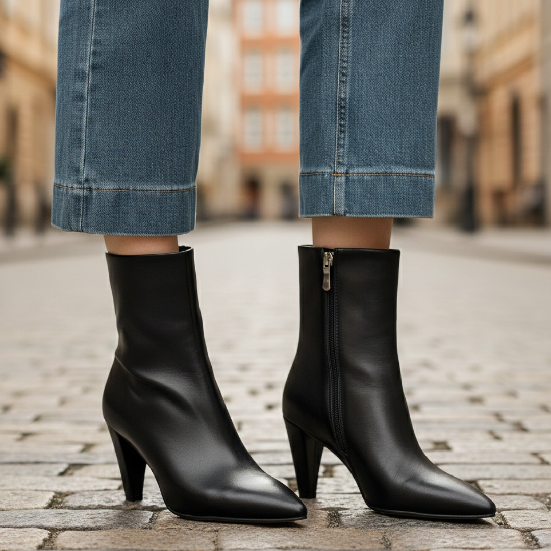 black leather ankle boots and jeans, showcasing a polished and elegant style suitable for various occasions.