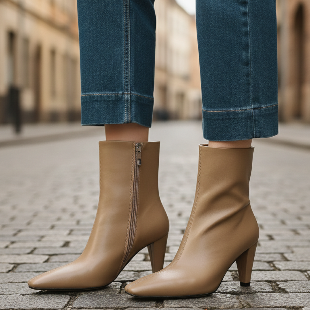 beige leather ankle boots and jeans, showcasing a polished and elegant style suitable for various occasions.