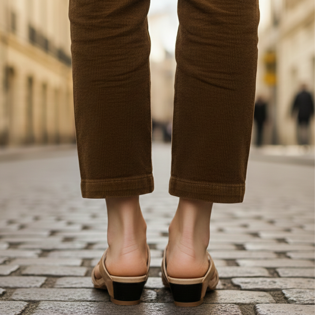 A woman's feet in beige leather pointed mule flats with cross-strap detailing, showcasing a modern and elegant style.