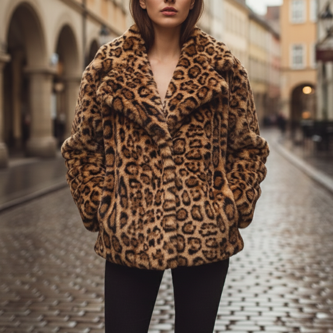 Leopard print faux fur jacket with wide collar, hip length, and long sleeves, good for stylish warmth in fall and winter.
