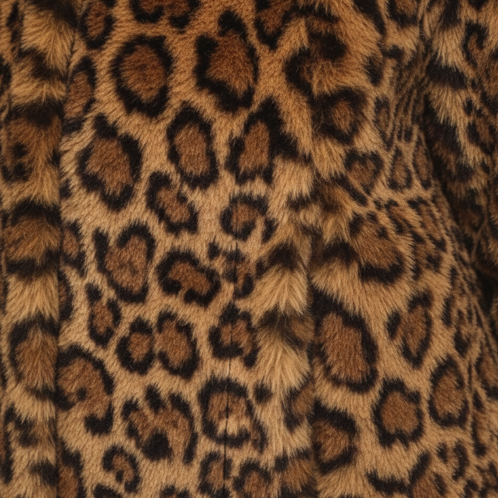 Leopard print faux fur jacket with wide collar, hip length, and long sleeves, good for stylish warmth in fall and winter.