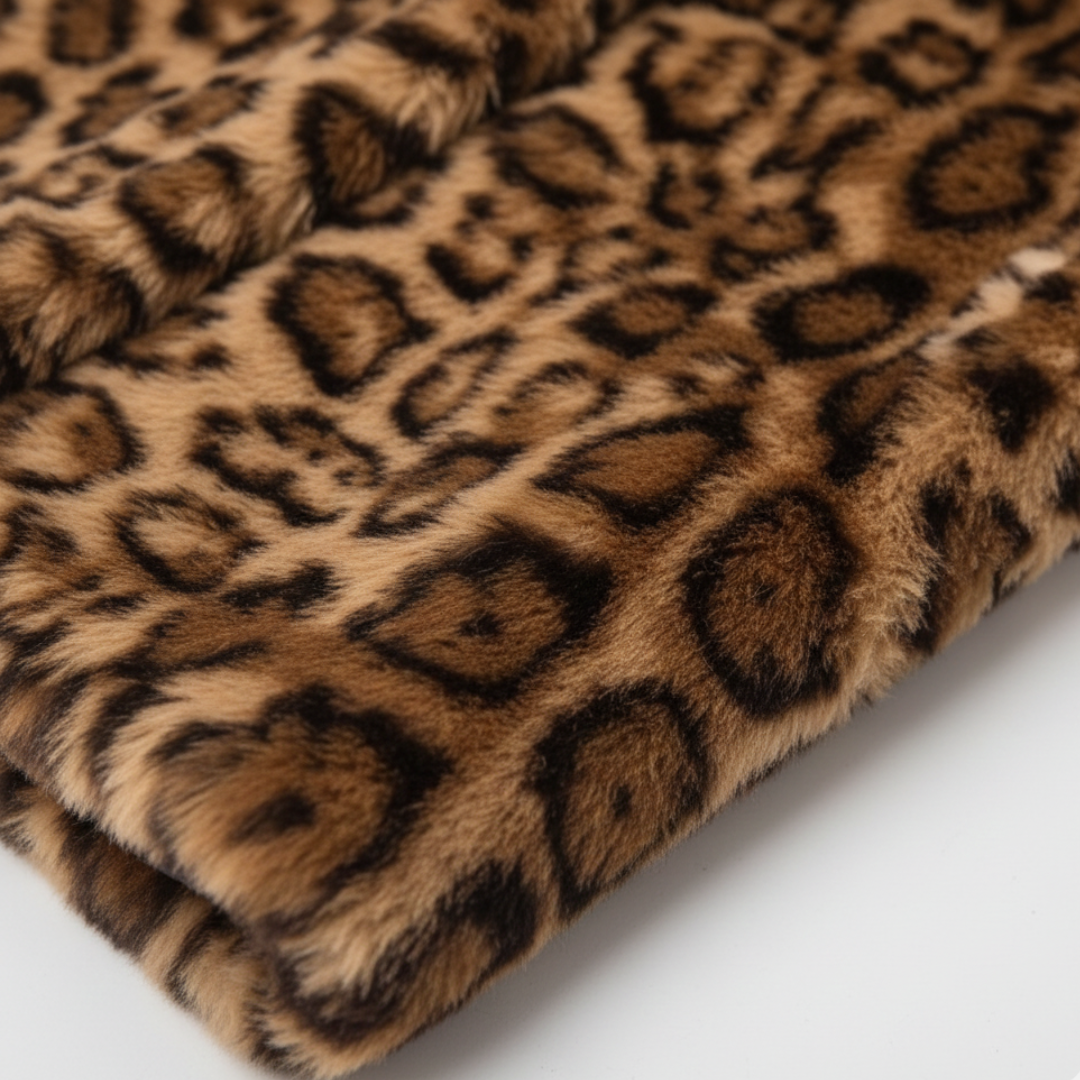 Leopard print faux fur jacket with wide collar, hip length, and long sleeves, good for stylish warmth in fall and winter.