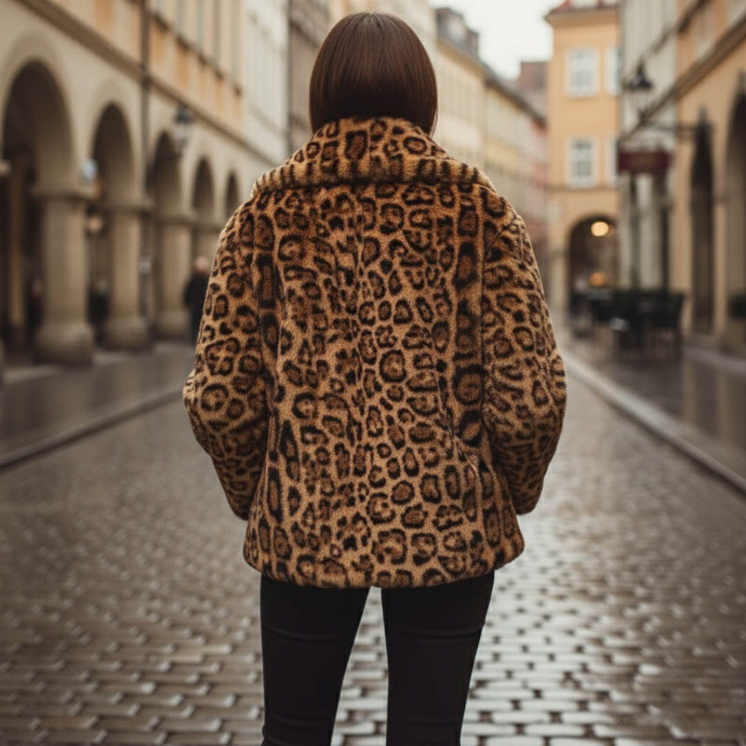 Leopard print faux fur jacket with wide collar, hip length, and long sleeves, good for stylish warmth in fall and winter.